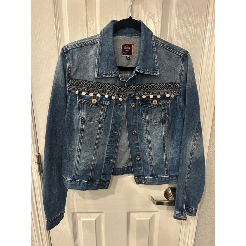 Boom Boom Jeans Denim Jacket Blue Embroidered Boho Coin Pom Pom Festival Trucker